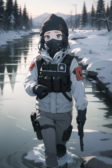 <lora:frost-000035:1> tsangfrst, frstdef, beanie, jacket, beanie, bulletproof vest, pants, winter clothes, mouth mask, water, river
1girl, walking, nervous, shotgun, holding weapon
