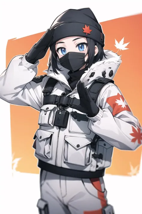 <lora:frost-000035:1> tsangfrst, frstdef, beanie, jacket, pants, canadian flag, maple leaf, excited, mouth mask,
1girl, salute