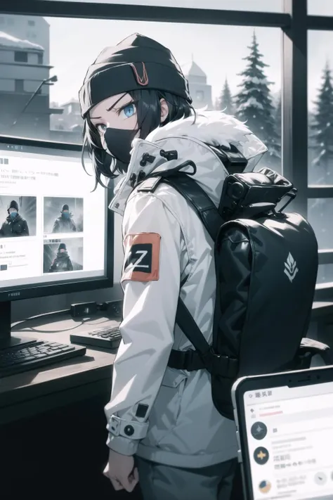 <lora:frost-000035:1> tsangfrst, frstdef, beanie, jacket, beanie, pants, winter clothes, mouth mask,
1girl, monitor, glaring, looking at monitor, facing away, headphones, livestream