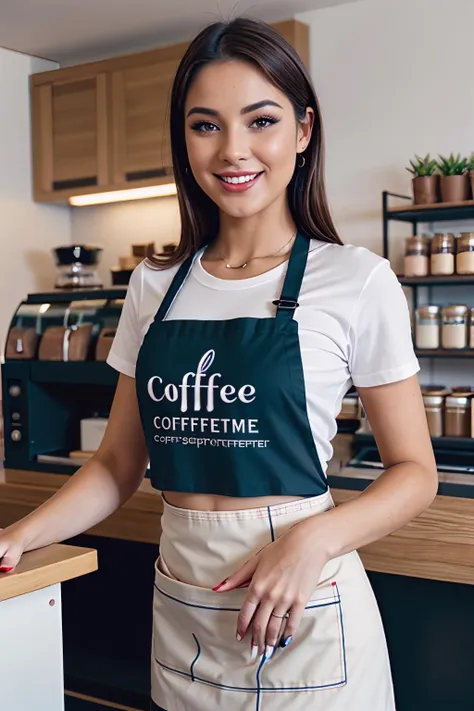 analog photo of a woman, vintage, faded film, film grain, coffeeshop, apron, t-shirt, behind counter