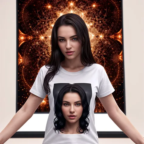 A digital portrait of a beautiful woman with long dark hair, wearing an white t-shirt made entirely of intricate mandelbrot fractals facing the camera and looking at each other hard lighting from feet by WLOP, highly detailed, 4K UHD image,
 <lora:JillNSFW:0.6>