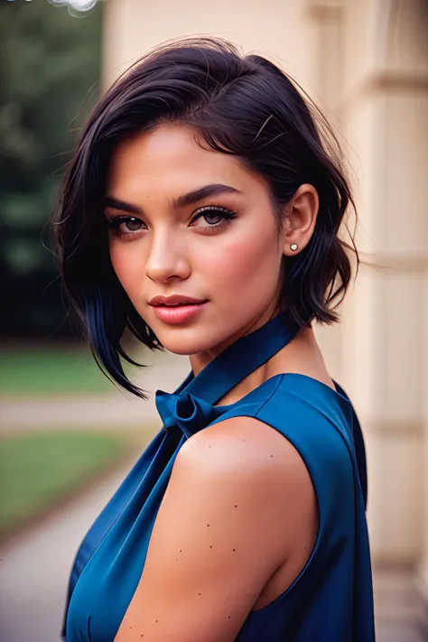 analog photo of a woman, vintage, faded film, film grain, royal blue dress, black hair, short hair, curled hair, brown eyes, portrait