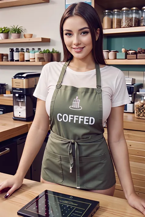 A Megan Fox in a Starbucks uniform makes coffee,double-ponytail,Big breast, breast out,Slightly chubby figure,Clothes and skin are soaked all over,(wet clothes:1.8),Reflective skin,Sweaty skin,high high quality、tmasterpiece、Hyper-Resolution、barechested、naked apron、wearing apron、full bodyesbian