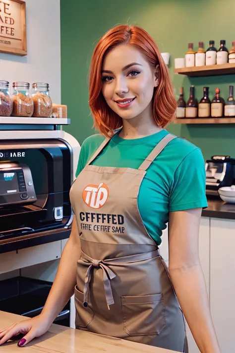 analog photo of a woman, vintage, faded film, film grain, coffeeshop, apron, t-shirt, behind counter, ginger, orange hair, green eyes