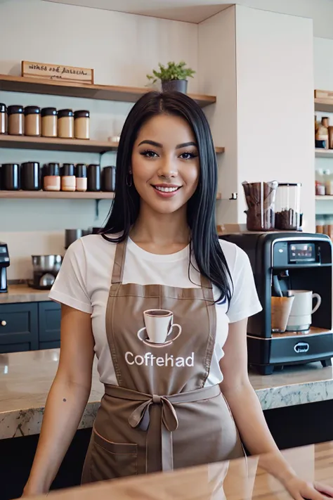 analog photo of a woman, vintage, faded film, film grain, coffeeshop, apron, t-shirt, behind counter, black hair