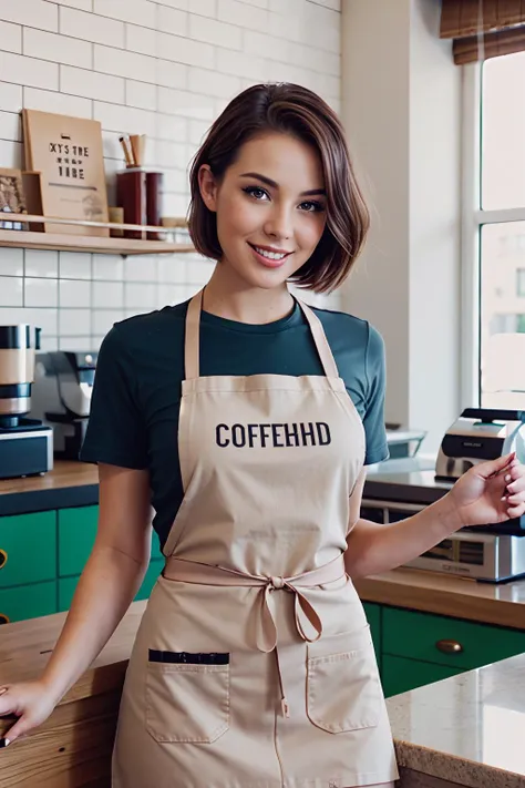 analog photo of a woman, vintage, faded film, film grain, coffeeshop, apron, t-shirt, behind counter, short hair, brown hair, wavy hair