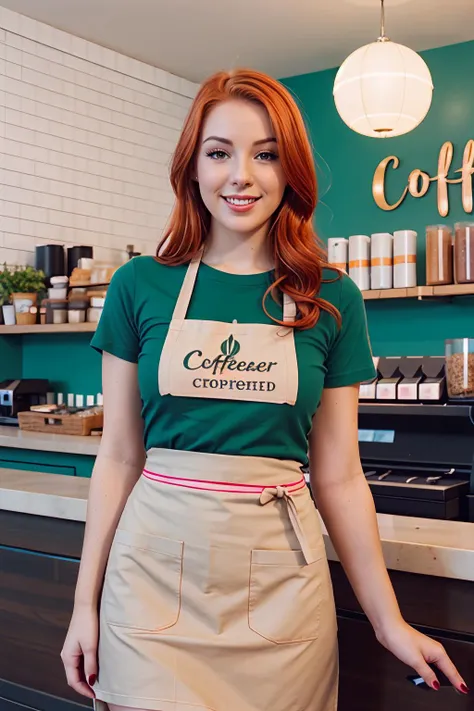 analog photo of a woman, vintage, faded film, film grain, coffeeshop, apron, t-shirt, behind counter, ginger, orange hair, green eyes