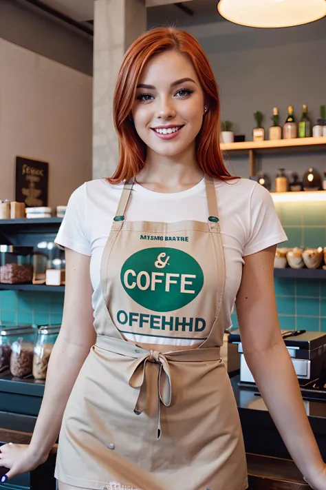 analog photo of a woman, vintage, faded film, film grain, coffeeshop, apron, t-shirt, behind counter, ginger, orange hair, green eyes