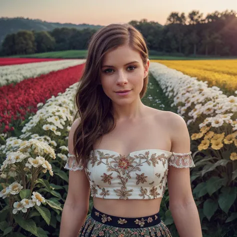 Kate Mara, (32K resolution, masterpiece, ultra high quality, best quality, ultra high definition, perfect anatomy, Incredibly detailed, RAW, ultra super realistic, photorealistic, cinematic lighting, exquisitely detailed, extremely intricate, 8k UHD, high resolution), (1girl), cropped  off-shoulder tank top,  skirt, elegant hair, standing in the middle of a flower field,  seductive smile, dynamic vivid colors