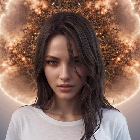 A digital portrait of a beautiful woman with long dark hair, wearing an white t-shirt made entirely of intricate mandelbrot fractals facing the camera and looking at each other hard lighting from feet by WLOP, highly detailed, 4K UHD image,
 <lora:JillNSFW:0.6>