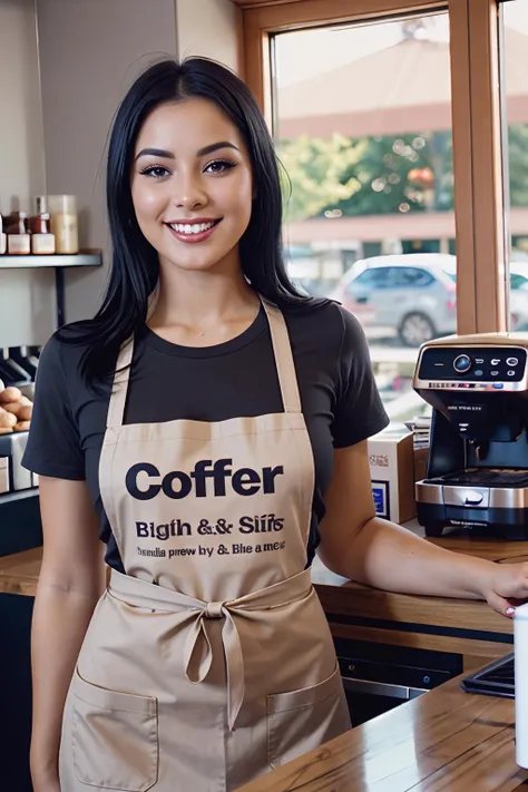 analog photo of a woman, vintage, faded film, film grain, coffeeshop, apron, t-shirt, behind counter, black hair