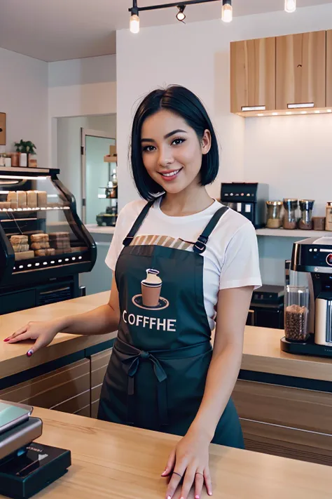 analog photo of a woman, vintage, faded film, film grain, coffeeshop, apron, t-shirt, behind counter, black hair