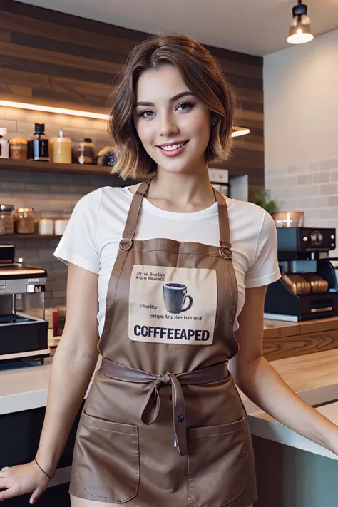 analog photo of a woman, vintage, faded film, film grain, coffeeshop, apron, t-shirt, behind counter, short hair, brown hair, wavy hair