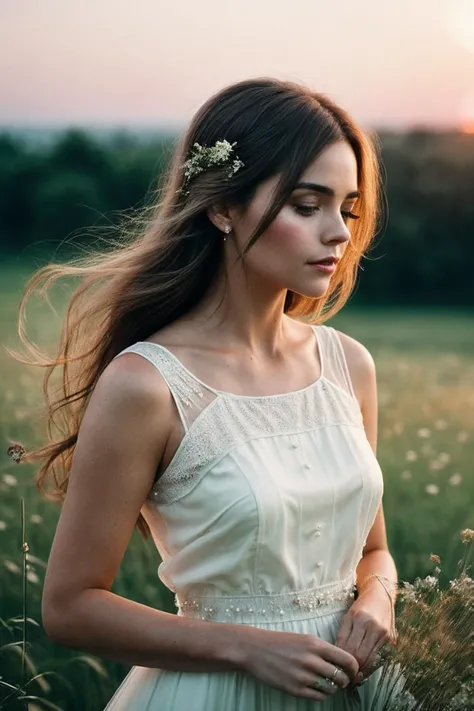 JennaC_SoloTI_v1,
(In a delicate white lace dress, with pearl hairpins, for a pure and ethereal look),
(A peaceful meadow at sunrise, with soft morning light casting a gentle glow and wildflowers swaying in the breeze, the air filled with the scent of fresh dew, serene atmosphere:1.3),
(seductive:1.3),(analog, cinematic, film grain, hazy atmosphere, cinematic shot:1.3),
<lora:add_detail:0.6>,<lora:LowRa:0>, PA7_Portrait-MCU,