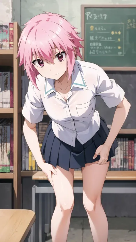 masterpiece:1.5, high quality, blush, smile, open mouth, looking at viewer, white panties, madoka, ((school uniform, black skirt)), two side up, short twintails, pink hair, ((flat chest, slender)), lanky, Skinny body, petite body, Slim Body, Slim waist, Slim legs, Slim hips, bare knuckle, lift skirt, skirt lift, lifted by self, , indoors, classroom, looking at viewer, from below, cowboy shot