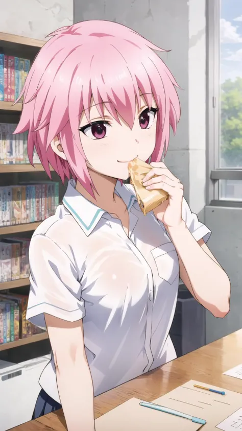 masterpiece, best quality, highres, BREAK,
,bashful smile,, , montage shot, eating,, ,BREAK, <lora:sakura-dfrag:0.8>, sakura mizukami, school uniform, white shirt
,