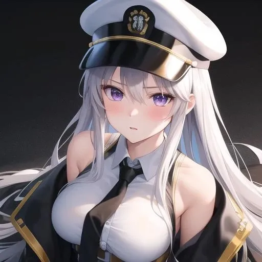 (masterpiece, best quality:1.2),illustration,8k,hd,1girl,solo,upper body,(portrait:1.2),long_hair,hat,necktie,white hat,skirt,white_hair,thighhighs,peaked_cap,purple_eyes,sleeveless,breasts,shirt,white shirt,black_necktie,sleeveless_shirt,pleated_skirt,very_long_hair,large_breasts,black_coat,miniskirt,open_coat,bare_shoulders,open_clothes,zettai_ryouiki,black_thighhighs,military_hat,belt,black_skirt,collared_shirt,bangs,hair_between_eyes,underbust,blush,<lora:Enterprise(azur)>,