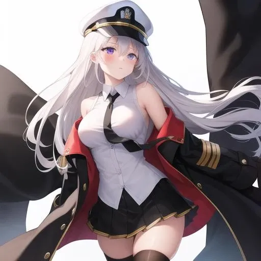 (masterpiece, best quality:1.2),illustration,8k,hd,1girl,solo,cowboy shot,long_hair,hat,necktie,white hat,skirt,white_hair,thighhighs,peaked_cap,purple_eyes,sleeveless,breasts,shirt,white shirt,black_necktie,sleeveless_shirt,pleated_skirt,very_long_hair,large_breasts,black_coat,miniskirt,open_coat,bare_shoulders,open_clothes,zettai_ryouiki,black_thighhighs,military_hat,belt,black_skirt,collared_shirt,bangs,hair_between_eyes,underbust,blush,<lora:Enterprise(azur)>,