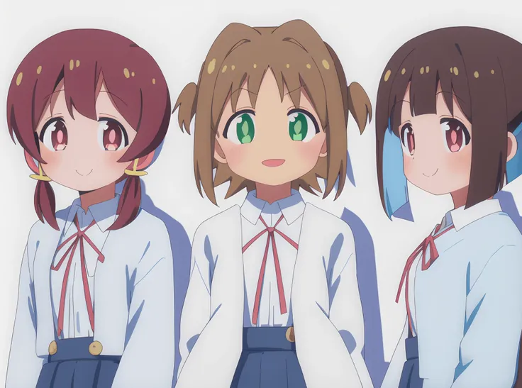 HozukiMomiji MurosakiMiyo OkaAsahi, ((3girls)), school uniform, blue skirt, shadow