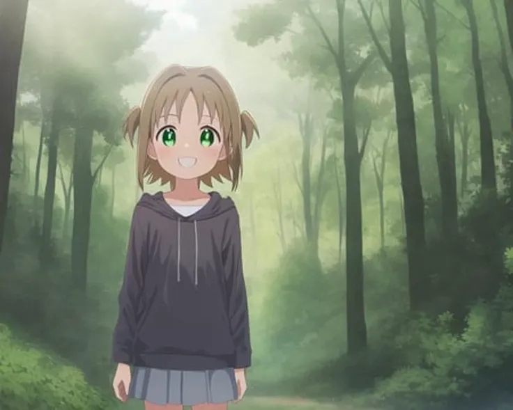 1girl,, outdoors,,forest background,,,walking,,smile, , okaasahi, masterpiece, best quality, official art, extremely detailed CG unity 8k wallpaper, highly detailed, illustration