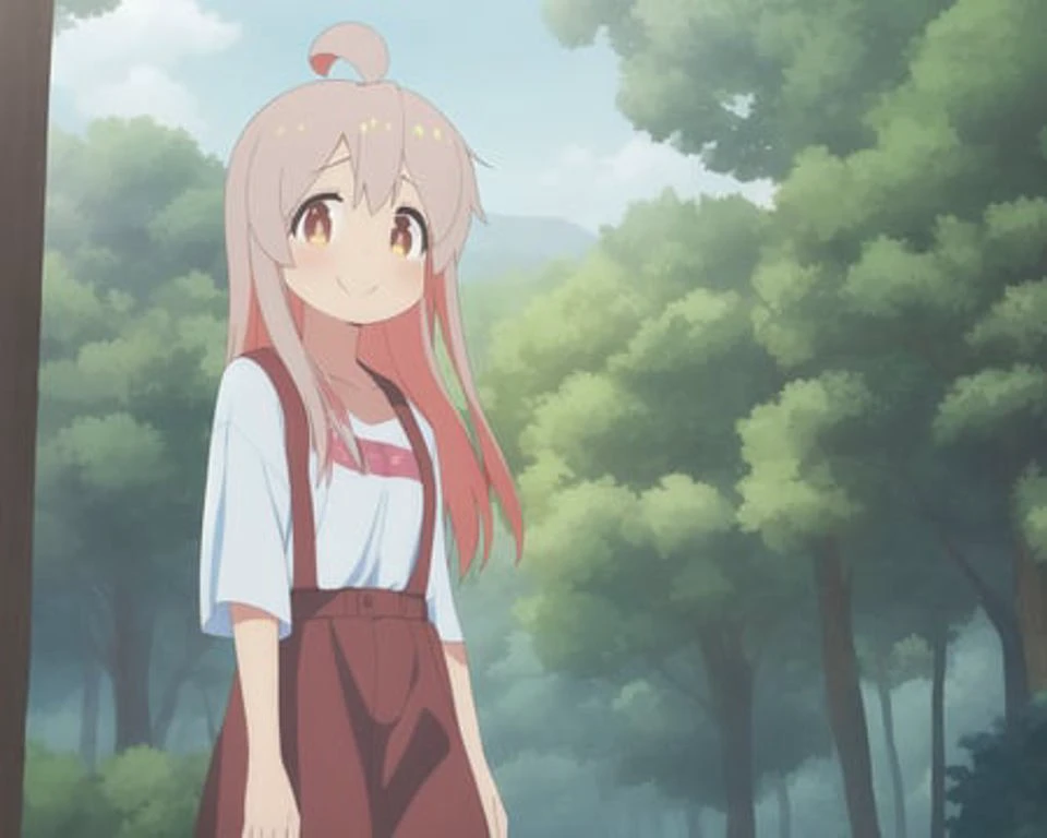 1girl, ahoge,,white shirt, pink hair, outdoors,,forest background,,,walking,,smile, mahiro, <lora:Mahiro:0.8>, masterpiece, best quality, official art, extremely detailed CG unity 8k wallpaper, highly detailed, illustration