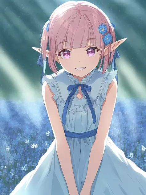 (solo:1.5), (elf:1.3), (teen girl:1.0), (thin waist:0.5), (looks at the viewer:1.5),
(dark pink hair:1.5), (short hair:1.5), (short twintail:1.2), fluffy ponytails, sidelocks, (twintail light blue ribbons:1.5), blunt bangs,
(beautiful face:1.5), (oval face:1.2), (pointed chin:1.0), (magenta eyes:1.5), (sharp look:1.5), (kind look:1.5), (kind smile:1.3), (smug smile:0.8), (happy smile:1.2),
(loose sundress:1.5), (long dress:0.7), (light blue dress:1.5), (symmetrical dress:1.5), (dark blue geometric ornament dress:1.4),
(BG flower meadow in a fairy forest with bluebells, cornflowers, daisies and poppies, the rays of the sun break through the crown:1.2), straight horizon,
(stands in the middle of the frame and holds a bouquet of daisies in his hands:1.2),
masterpiece, best quality, ultra-detailed, intricate detail, detailed beautiful face and eyes, 8k, beautiful lighting, digital art, perfect hands, perfect anatomy, vector graphics