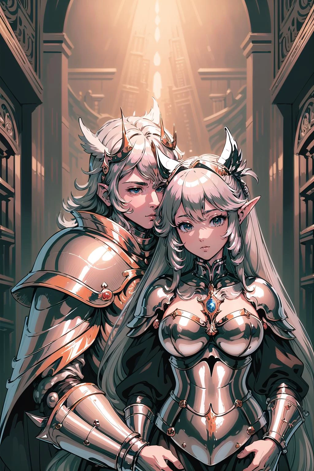 (masterpiece, best_quality, ultra-detailed, immaculate:1.3), epic, illustration, elf heavy knight , sexy armor, pauldrons, muted beige hair, hair ribbon, carrying over shoulder, in dank, Italian Mordor, in a immaculate, galactic computer room, bombshell hair, silver hair, spiked hair,Half Up Fishtail Braid, fetal position