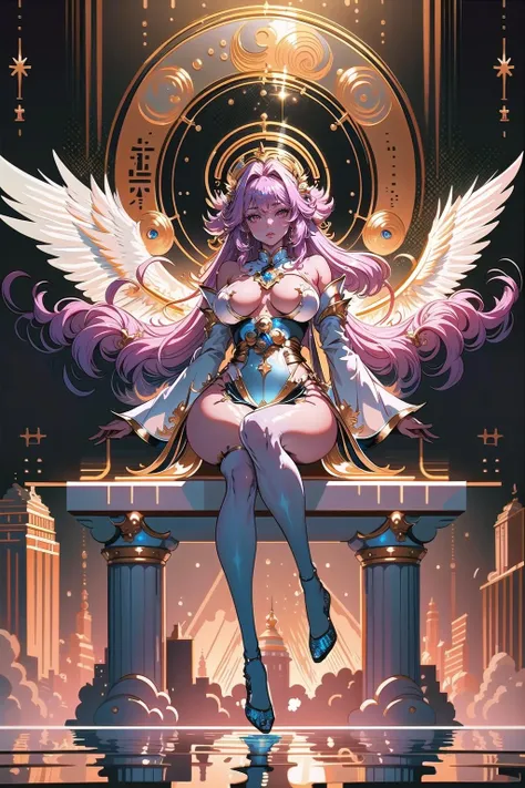 celestial, (masterpiece, best_quality, ultra-detailed, immaculate:1.3), epic, illustration, rough digital painting, (full body:1.2), 1girl, solo, [:formal costume design,:0.2] antipaladin, , (asian:1.3), bombshell magenta hair, Space Buns,bombshell bob cut, (bulky:1) build, simple background, moba character concept art, in front of a flooded dimensional portal, bombshell hair, blonde hair, pointy hair,Mohawk, sitting<lyco:EnvyCelestial01:1>