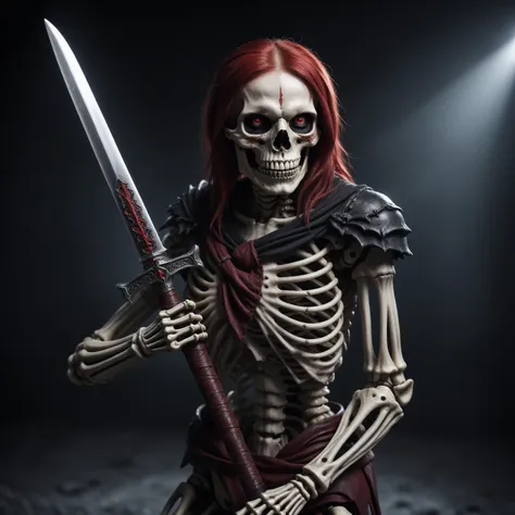 <lora:Renaissance_Impressions_Chiaroscuro:0.8> <lora:Zenkai_V01_E8_R30_LR3e-3:0.8>>First colour red second white third color black>RAW photo of AssassinKahb style a demonic looking skeleton holding a sword with red hair