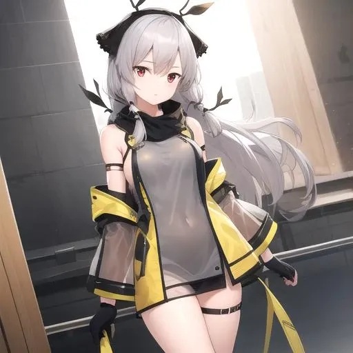 ((masterpiece)),(best quality),official art,extremely detailed CG,unity 8k wallpaper,ultra detailed,1girl,solo,cowboy shot,very_long_hair,detached_sleeves,thigh_strap,single_glove,black_footwear,boots,looking_at_viewer,black_gloves,grey_hair,red_eyes,long_sleeves,bangs,low-tied_long_hair,bare_legs,bare_shoulders,grey_dress,see-through,short_dress,white_hair,jacket,hair_ornament,<lora:Weedy(ark)>,
