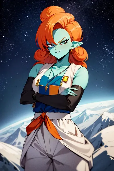 ((masterpiece,best quality)), absurdres, sexy pose, 
<lora:Zangya_DB:0.7>, Zangya_DB, solo, 1girl, green skin, long orange hair, white baggy pants, vest, sash,  black arm warmers, 
upper body, 
detailed face, smug,  
space and stars in background, cinematic composition,