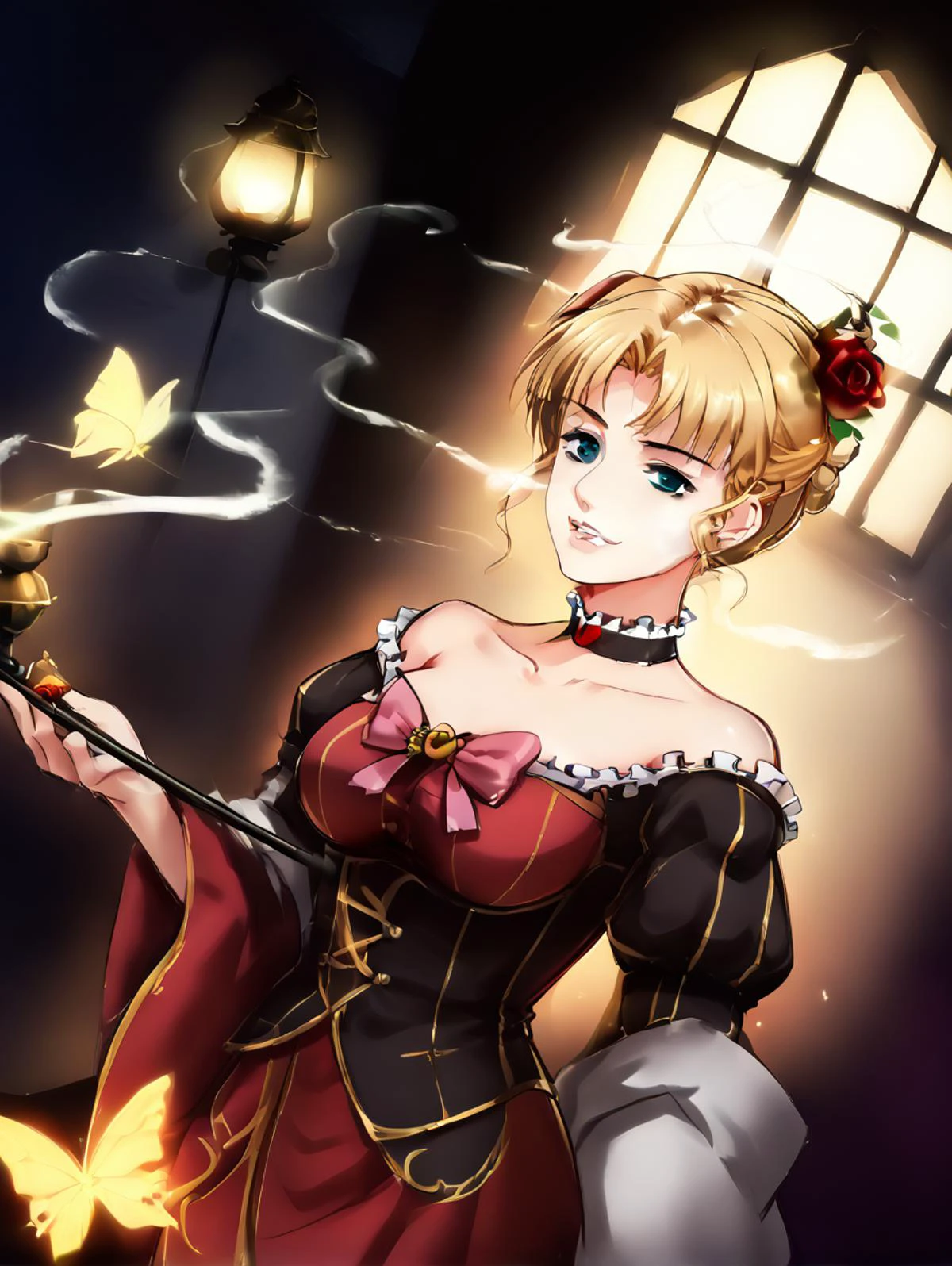 score_9, epic-Ultra-HD-details, epic-Ultra-HD-highlights, anime-upscaled-resolution, anime-quality, flat-color, lit, cutesie, 50mm lens, aperture opening of f/4.0, cowboy shot, vivid colors like HDR+, sharp focus, Sophisticated sensual tableaus, high quality,
1girl, beatrice \(umineko\), light blond hair, bow, cane, choker, hair ornament, kiseru, pink bow, red rose, large breasts, (many glowing yellow butterflies flying in the room), (uneven eyes), troll face, Madness, mocking face, evil laughing, looking at viewer, (holding smoking kiseru, blowing smoke),
night time, indoors, in an ornate bedroom with velvet and gold details, pile of gold bars, classical bed, classical lamp, classical wallpaper, still life, low light, darkness, window, moon, pov,
<lora:Beatrice-10:0.8> <lora:uneven_eyes_v1_pruned:0.8> <lora:kiseru_v10:0.8>