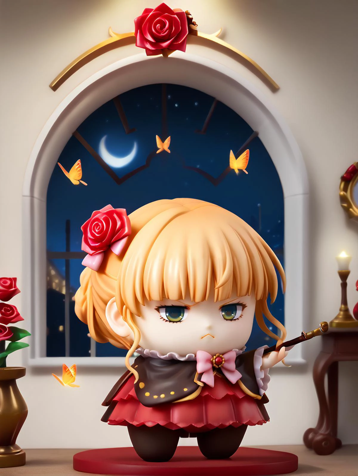 score_9, score_8_up, score_7_up, source_cartoon, 1girl, solo, (chibi),
solo, 1girl, beatrice \(umineko\), light blond hair, bow, cane, hair ornament, kiseru, pink bow, red rose, (many glowing yellow butterflies flying in the room), uneven eyes, (troll face, mocking face, jeer), looking at viewer, (holding smoking kiseru) with one hand,
(night time), indoors, in a dark ornate bedroom with velvet and gold details, pile of gold bars, classical bed, classical wallpaper, still life, low light, darkness, window, moon, pov,
<lora:Beatrice-10:1> <lora:uneven_eyes_v1_pruned:0.8> <lora:kiseru_v10:0.8> <lora:KurukurumagicalsChibiMix_XLPD:0.9>