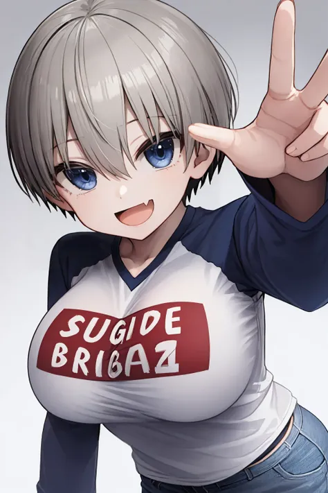 masterpiece, best quality, 1girl, uzaki hana, grey hair,  short hair, hair between eyes, bangs, blue eyes, skin fang, black pantyhose, boots, (bracelet:0.7), clothes writing, denim skirt, large breasts, long sleeves, open mouth, raglan sleeves, romaji text,
smile, solo, upper body, reaching out, looking at viewer, simple background <lora:UzakiHana:1>