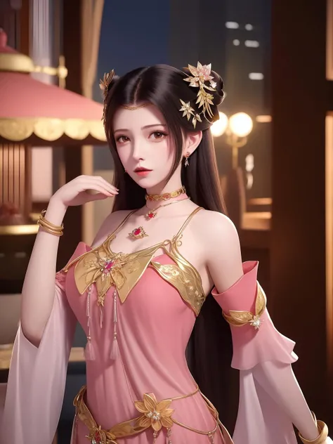 <lora:ZXtianlinger_20230805211427:0.75>,1girl, mature female, cityscape, night, looking at viewer, jewelry, hair ornament, double bun, long hair, dress, choker,bare shoulders,hair bow,forehead jewel, necklace, cowboy shot,