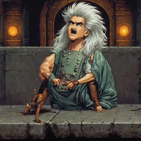 <lora:snes screenshot...realistic:14> snes screenshot, old man, muscular, 70 year old, crazy happy, angry unstable, intense look, long white hair, medieval Cronenberg, dungeon, fitness, studded leather armor, 8k ultra detailed, alphonse mucha, Donatio Giancola