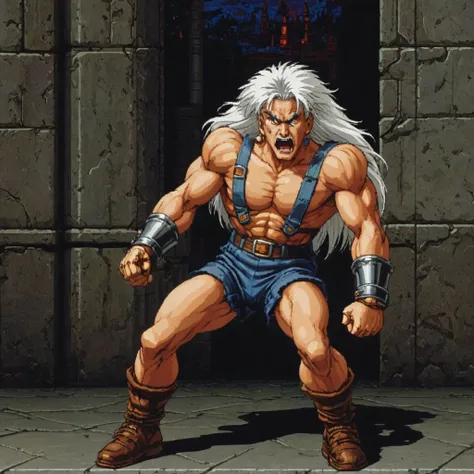 <lora:snes screenshot...realistic:8> snes screenshot, old man, muscular, 70 year old, crazy happy, angry unstable, intense look, long white hair, medieval Cronenberg, dungeon, fitness, studded leather armor, 8k ultra detailed, alphonse mucha, Donatio Giancola