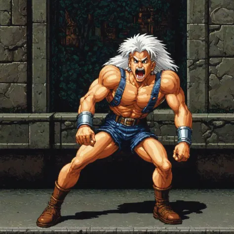 <lora:snes screenshot...realistic:10> snes screenshot, old man, muscular, 70 year old, crazy happy, angry unstable, intense look, long white hair, medieval Cronenberg, dungeon, fitness, studded leather armor, 8k ultra detailed, alphonse mucha, Donatio Giancola