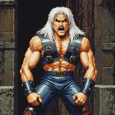 <lora:snes screenshot...realistic:10> snes screenshot, old man, muscular, 70 year old, crazy happy, angry unstable, intense look, long white hair, medieval Cronenberg, dungeon, fitness, studded leather armor, 8k ultra detailed, alphonse mucha, Donatio Giancola