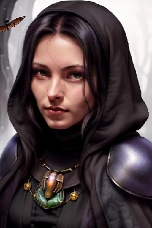 <lora:Baldur's Gate 1 Portraits:0.5>, Baldur's Gate official portrait, character, fantasy_character, 1024x768, female, druid, innocent, black hair, shy moniker, masterpiece, (insect themed cloak), (scarab brooch), highest quality, highest quality visuals, highest details