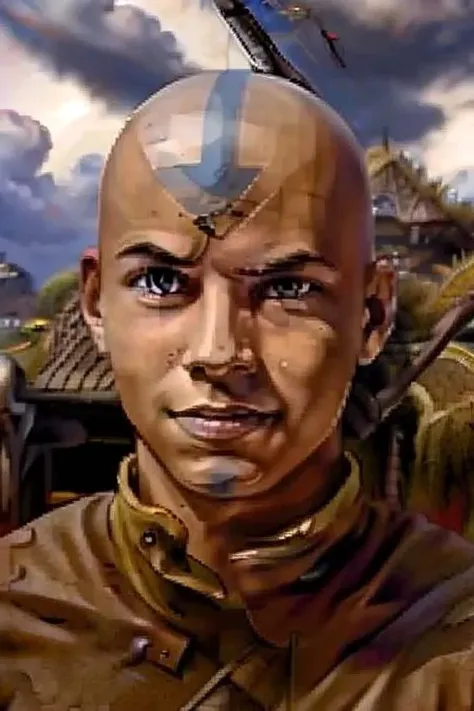 <lora:Baldur's Gate 1 Portraits (1998):0.8> BALDUR'S GATE OFFICIAL PORTRAIT, CHARACTER, FANTASY_CHARACTER,  <lora:Aang-10:0.9> aang attire, aang, male focus, solo, smile, looking at viewer, closed mouth, brown eyes, weapon, cloud