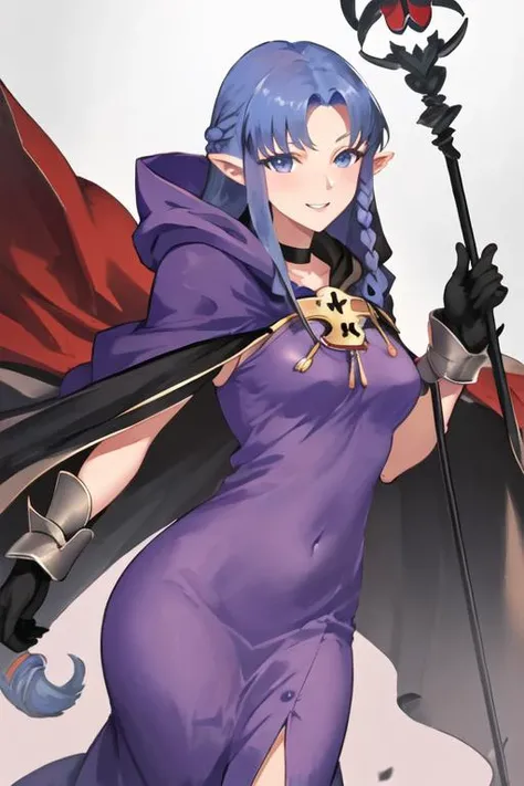 best quality, masterpiece, highres, solo, {medea_fgo:1.15}, pointy_ears, long_hair, blue_hair, blue_eyes, braid, side_braid, breasts, 1girl, cape, dress, gloves, hood, purple_dress, long_dress, weapon, magic, smile, staff