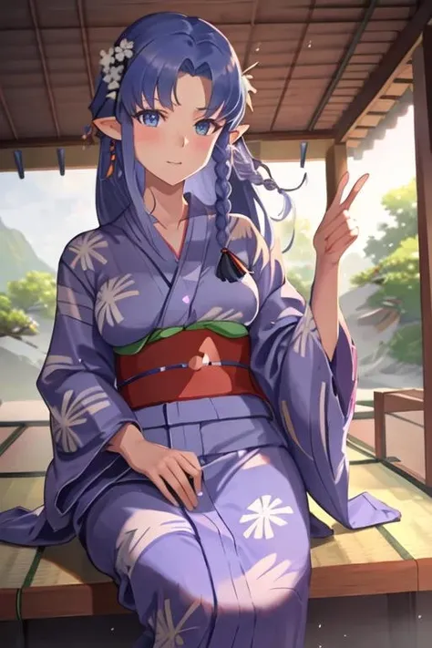 best quality, masterpiece, highres, solo, {yukata:1.40}, {kimono:1.20}, {medea_fgo:1.15}, pointy_ears, long_hair, blue_hair, blue_eyes, braid, side_braid, breasts