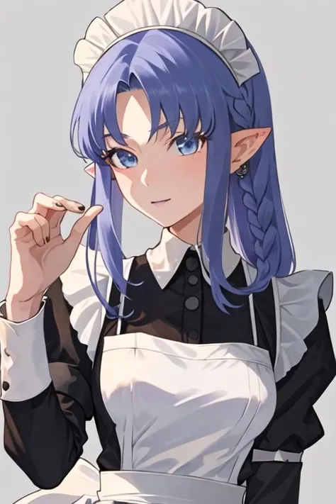 best quality, masterpiece, highres, solo, {maid:1.40}, {long maid dress:1.15}, {medea_fgo:1.15}, pointy_ears, long_hair, blue_hair, blue_eyes, braid, side_braid, 