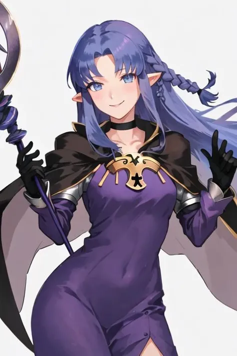 best quality, masterpiece, highres, solo, {medea_fgo:1.15}, pointy_ears, long_hair, blue_hair, blue_eyes, braid, side_braid, breasts, 1girl, dress, gloves, holding, holding_staff, purple_dress, purple_eyes, smile, staff, choker, looking_at_viewer, long_dress, black_gloves, cape, long_sleeves, very_long_hair