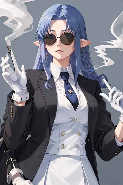 best quality, masterpiece, highres, solo, {black business suit:1.40}, {tie:1.20}, {sunglasses:1.25}, {white gloves:1.15}, {white shirt:1.10}, {black skirt:1.15}, {smoking:1.20}, handsome, {medea_fgo:1.15}, pointy_ears, long_hair, blue_hair, blue_eyes, braid, side_braid, breasts