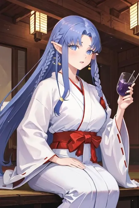 best quality, masterpiece, highres, solo, {white kimono:1.35}, {red hakama:1.35}, {wide sleeves:1.20}, {medea_fgo:1.15}, pointy_ears, long_hair, blue_hair, blue_eyes, braid, side_braid, breasts