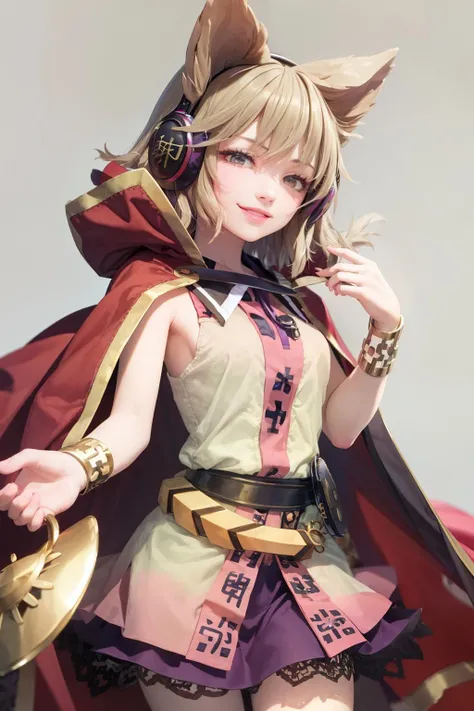 masterpiece, best quality, <lora:ToyosatomiminoMiko:1>,1girl,toyosatomimi no miko, pointy hair,earmuffs, cape,brown hair, short hair,brown eyes,bracelet, sleeveless, ribbon,skirt,grey background, smile,cowboy shot,