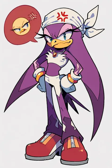 score_9, score_8_up, 2D, flat color, white background, simple background, flat background, 1girl, very detailed, extremely detailed, wave the swallow, an avian from the sonic (series), standing, hand on own hip, angry, anger vein, spoken squiggle, closed mouth, white gloves <lora:Smooth Anime 2 Style SDXL_LoRA_Pony Diffusion V6 XL:1> <lora:WaveSDXL:0.75>