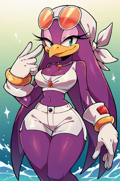 score_9, score_8_up, 2D, simple background, gradient background, flat color, wave the swallow from the sonic the hedgehog series, avian, beak, white durag, white gloves, crop top, cleavage, eyewear on head, wide hips, narrow waist,  <lora:WaveSDXL-000005:0.80> <lora:Smooth Anime 2 Style SDXL_LoRA_Pony Diffusion V6 XL:0.85>